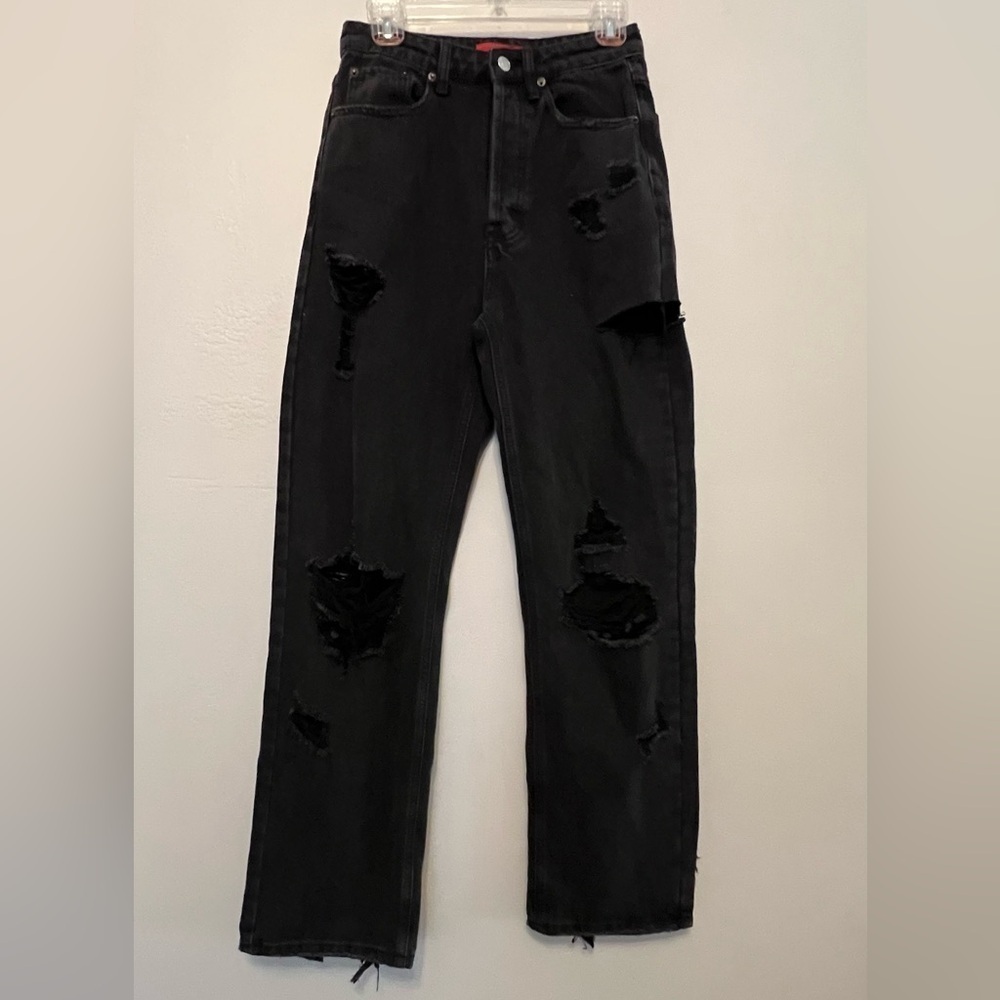 Signature8 Straight Extreme Distressed Destroyed High Rise‎ Black Jeans - Small